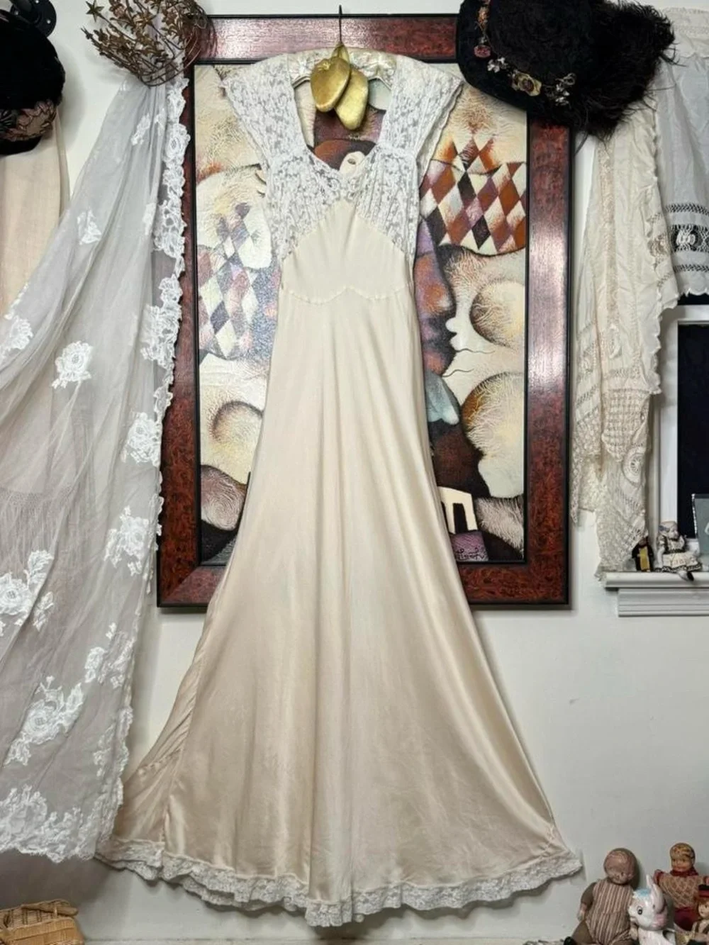 Rare nearly antique 1930s cream crepe silk bias cut wedding trousseau slip dres - Picture 2 of 7